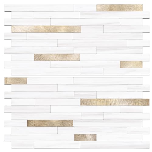 STICKGOO 2 Sheets Peel and Stick Backsplash Tile, Stick on Backsplash for Kitchen and Bathroom, Dolomite White Marble Look PVC Mixed Metal Gold Self Adhesive Wall Tiles 2 Dolomite White + Me