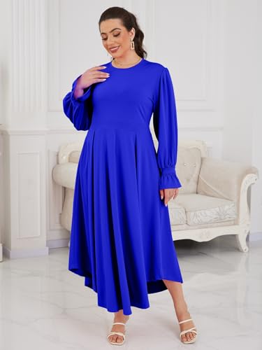 Image of Baczoe Plus Size Long Sleeve Church Dress for Curvy Women | Maxi Length, Elegant Formal Style, Flowy A-Line Shape, Two Side Pockets