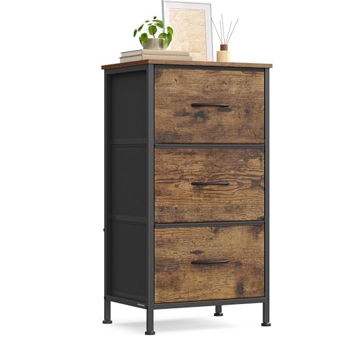 SONGMICS Kommode, Schrank, 3 Stoffschubladen, Aufbewahrungsschrank, Stahl, MDF, Vliesstoff, für Schlafzimmer, Flur, Wohnzimmer, vintagebraun-tintenschwarz LGS313BH03