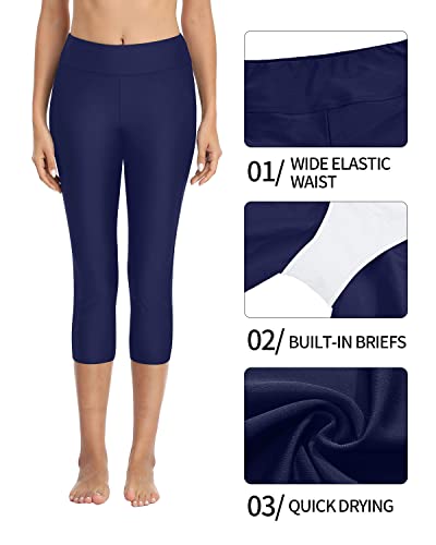 Pinup Fashion Women Swim Pants High Waist Uv Rash Guard Sports Capris Purplish Blue Swimsuit Swimming Leggings L #TOP2