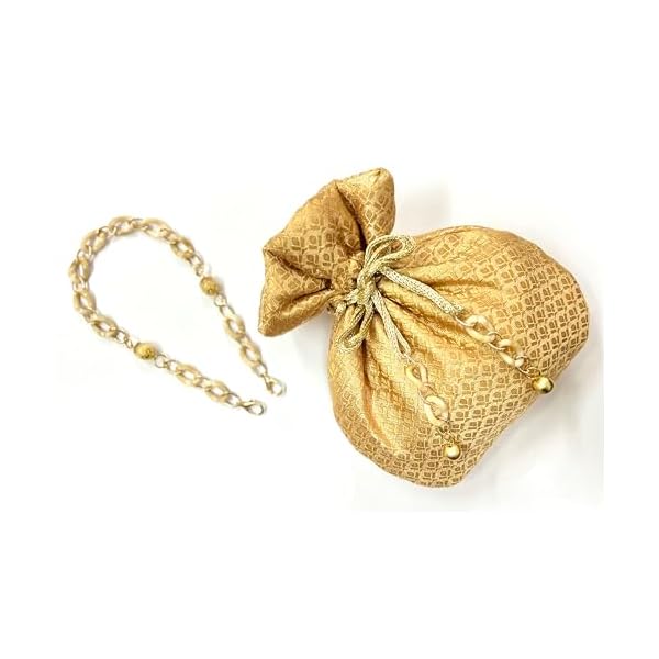 Heddz Handcrafted Raw Silk Drawstring Potli Bag for Ladies with Detachable Glass Beads Chain Handles & Tassels for Parties, Weddings and Special Ocassions - Image 3