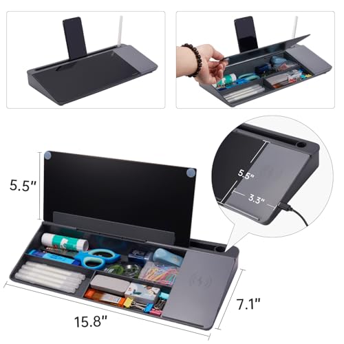 Image of Small Glass Desktop Whiteboard Dry-Erase-Board - Computer Keyboard Stand with Wireless Charger White Board Surface Pad with Drawer, Desk Organizers with Accessories for Office, Home, School Supplies