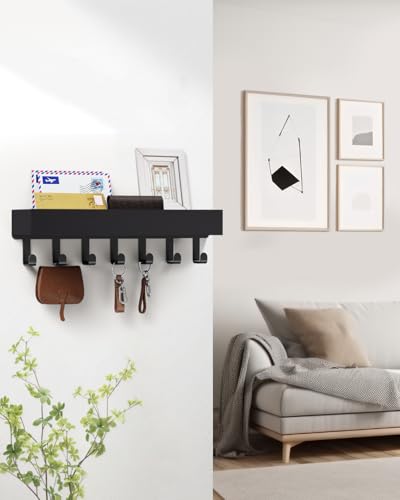 Image of Key Holder Wall Mount Magnetic Adhesive, Key Hooks Rack with Shelf | Key Hanger with Mail Organizer for RV Camper Fridge Living Room Decor, Home Essentials, Large Black