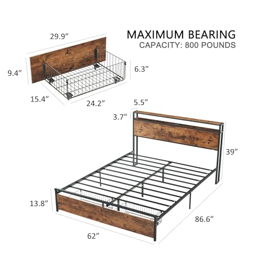 Image of Virabit Queen Size Bed Frame with Storage, Metal Platform Bed Frame Queen with Headboard and Charging Station, Steady and Noiseless, No Box Spring Needed, Easy Assemble(Brown)