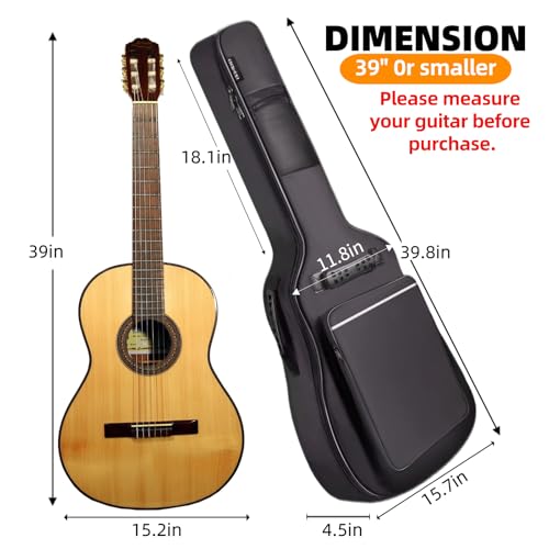 GIGKOUKI Guitar Bag 38 39 Inch Acoustic Guitar Gig Bag Soft Case 0.35 Inch Thick Padding Classical Guitar Backpack Large Pocket with Hanger Loop and Neck Strap(39 inch)