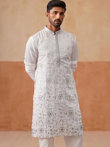 Image of Jompers Men's Silk Blend Embroidered Kurtas (White, M)