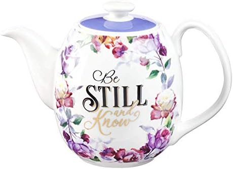 Christian Art Gifts Women's White Ceramic Teapot for One: Be Still and Know - Psalm 46:10 Inspirational Bible Verse, Novelty/Vintage Purple Rose Flower w/Golden Foil for Hot & Cold Liquids, 32 oz.