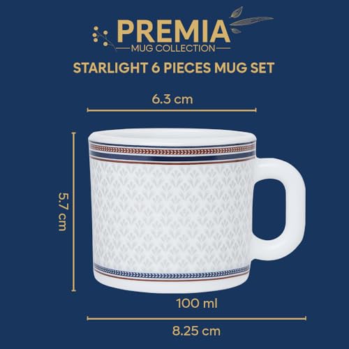 Image of Larah by BOROSIL 100ml x 6pc Opalware Starlight Tea /Coffee Mug Set, Microwave & Dishwasher Safe Embossed Design Crockery Set Ideal for Daily Use & Gifting