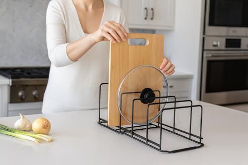 Image of Craft Expertise 6-Slot Pan & Pot Rack Organizer with Lid Holder - Adjustable Countertop Cookware & Plate Stand, Space-Saving Iron Kitchen Cabinet Organizer, Black (17 inch x 7 inch x 6 inch)