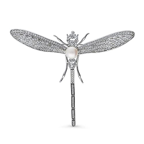 Image of BERRICLE Sterling Silver Dragonfly Button Freshwater Cultured Pearl Fashion Brooch Pin for Women (Yellow Gold Flashed, Rhodium Plated)