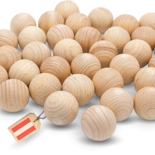 EV&reg; Holzkugeln ohne Loch - 40 St&uuml;ck 30mm Durchmesser - Made in Austria - Gro&szlig;e Holzperlen ohne Bohrung, Gedrechselt aus Hochwertigem Buchenholz