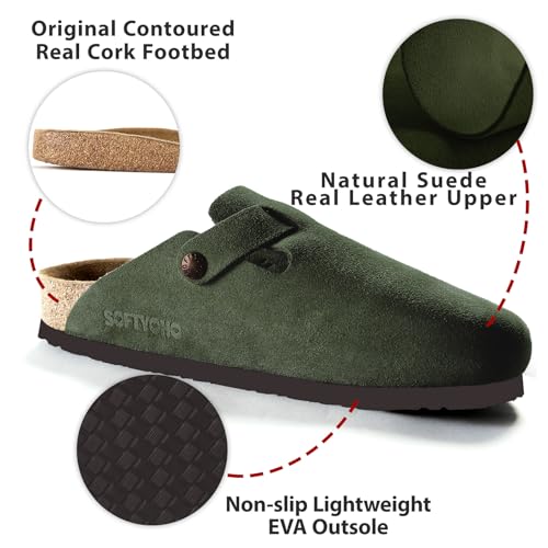 Image of SOFTYOHO Clogs for Women Men, Mules with Arch Support and Adjustable Buckle, Suede Leather Cork Footbed Potato Shoes