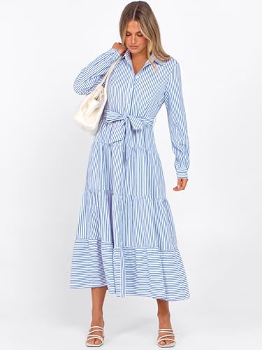 Caracilia Women Long Sleeve Maxi Dress 2025 Fall Casual Button Down Striped Plaid Tie Waist Shirt Dresses Vacation Outfits3