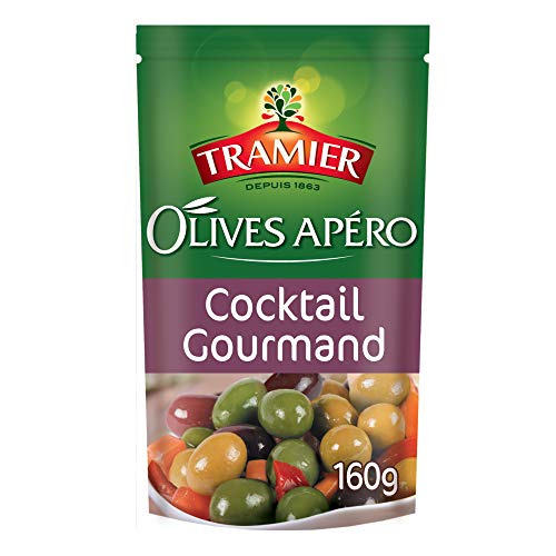 Tramier Olives Apéro Cocktail Gourmand (1 x 160 g), mélange d'olives vertes et d'olives noires entières idéal pour l'apéritif, mix d'olives et de morceaux de légumes Cover