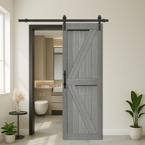 Image of S&Z TOPHAND 28in x 84in MDF Elephant Gray Barn Door with 5FT Sliding Door Hardware Kit, Solid Barn Door Slab Covered with Water-Proof PVC Surface /Simple Assembly is Required