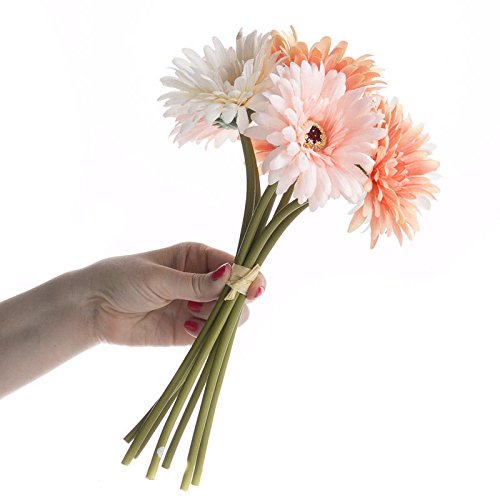 Factory Direct Craft Artificial Spring Peach and Cream Gerbera Daisy Bouquet - Bundle of 7 Stems Poly Silk Daisy Flower Blooms for Floral Arrangements and Home Decor