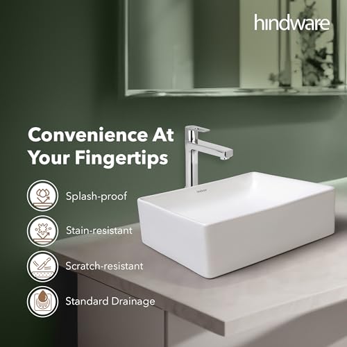 Image of Hindware Tozzo Table Top Wash Basin for Bathroom | Made of Ceramic | Star White | Rectangular Shape | Over the Counter Basin
