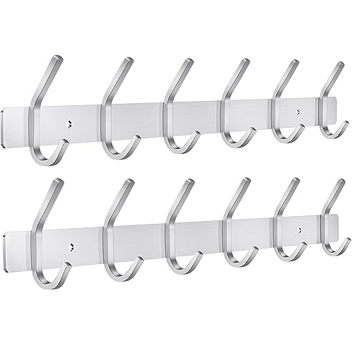 JOLY FANG Wall-Mounted Coat Rack, Stainless Steel Coat Hooks for Bedroom Bathroom, Kitchen (6-Hooks, 2 Pieces, Silver)