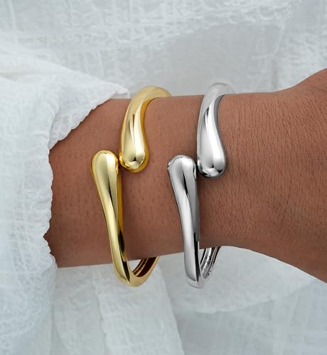 Image of Chunky Gold Bangle Bracelets for Women, Dainty 14k Gold Plated Big Stackable Bangles Set, Trendy Statement Cuff Bracelet Stack Fashion Jewelry Gifts
