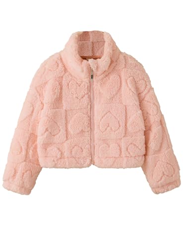 Girl's Cute Heart Pattern Fleece Full-Zip Jacket Long Sleeve Sherpa Outerwear Coat