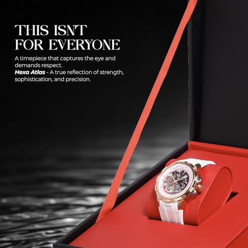 Image of HEXA Atlas Automatic Mechanical Skeleton Chronograph Watch for Men | Miyota Japan Movement | Transparent Analog Dial | 42.5 mm Stainless Steel Case | White Silicone Strap | Sapphire Crystal | 5ATM Water Resistant Luxury Watch
