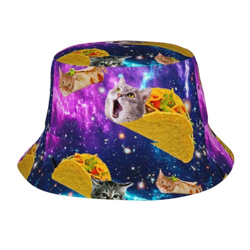 Blue Purple Galaxy Cat Taco Bucket Hats Fashion Sun Cap Packable Outdoor Fisherman Hat for Women and Men
