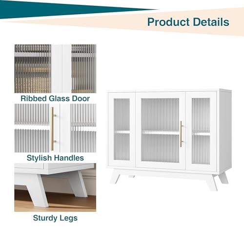 Image of 36 inch Sideboard Buffet Cabinet with Storage, Contemporary Farmhouse Kitchen Sideboard with Glass Doors & Adjustable Shelves for Dining Room & Living Room