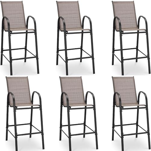 HOMREST Outdoor Bar Height Stools Set of 6,High Back Patio Chairs with Armrests,Textilene Chairs with Breathable Fabric & Metal Frame for All Weather,Taupe