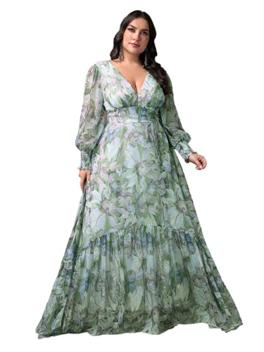 Image of Spring Summer 2024 Plus Size Womens Dresses V Neck Casual Elegant Long Sleeve Floral Print Maxi Dress