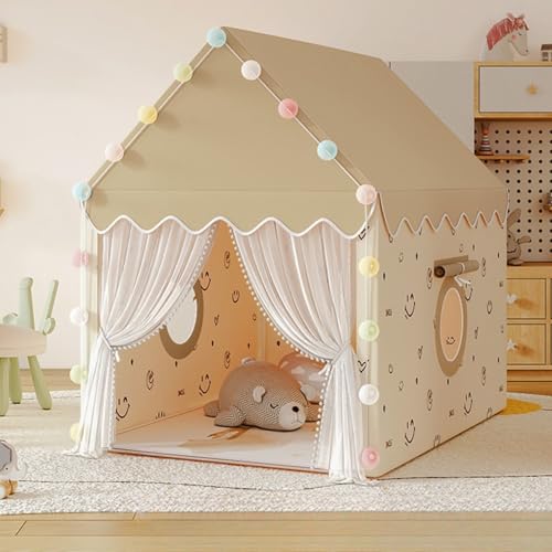 Bxzzuisプレイテント 子供用テント 秘密基地 キッズテント 室内テント お庭で遊園地気分 幼児用テント 睡眠テント 簡単に組立 軽量 通気性 室内遊具 男の子と女の子のためのおもちゃ お誕生日 室内用 幼稚園 親子部屋 (ライトブラウン,テント+マッ