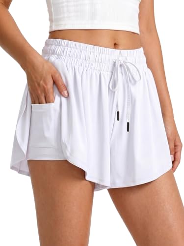Ewbob Girls Flowy Athletic Shorts High Waisted 2-in-1 Butterfly Shorts with Built-in Liner & Pocket for Kids Tennis Gym School C22 White Age 13-14 Years