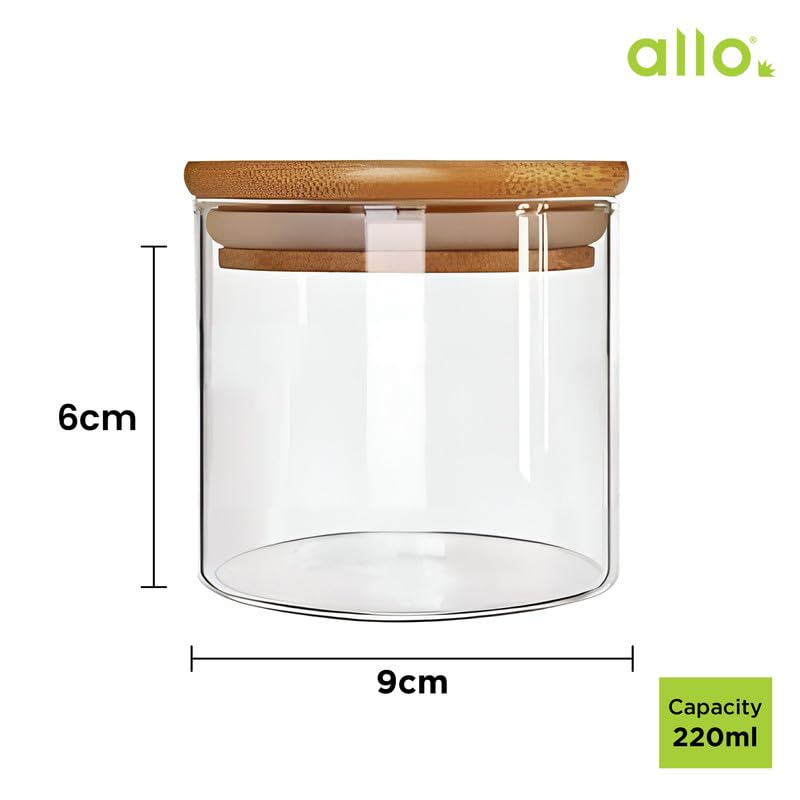 Image of Allo 220ML Kitchen Storage Box Glass Jars With Wooden Lids - Borosilicate Glass Food Storage Containers Airtight Glass Jar For Tea, Coffee, Spice, Pulses, Masala (Round Glass Jar - Set of 1)