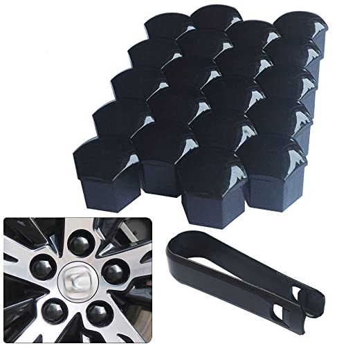 Senvenelec 20 pezzi universali da 21 mm in plastica copri dado Vite copridado per auto Bulloni copriruota, universali bulloni ruota Tappi dado a capocorda.con 1 estrattore (nero brillante).