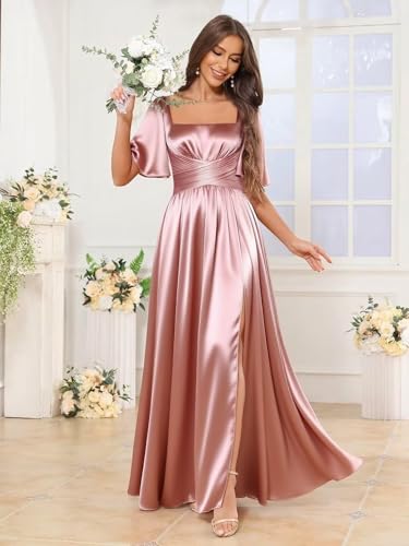 Women's Satin Bridesmaid Dresses with Sleeves Pleated Long Evening Gown 2025 Square Neck Formal Dress3