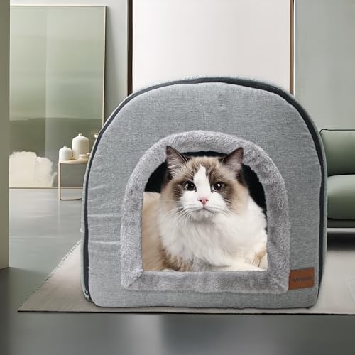 Whiwhi Katzenhöhle für Drinnen Katzen Höhlenbett mit Plüsch Katzenkissen Schlafhaus Haustierhaus Faltbares Hundehöhle 45x35x35cm(Grau)