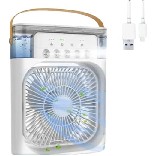Portable Mini Air Cooler Fan with LED Light USB Powered Whit