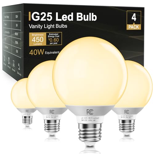 Image of TJOY G25 LED Globe Light Bulbs, Vanity Bulb for Bathroom 40W Equivalent | 2700K Soft Warm White E26 Base, Round Decorative Bulb for Vanity Makeup Mirror, CRI85+, 450LM, Non-Dimmable, UL, 4 Pack