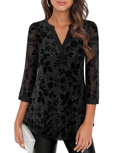 Image of Timeson Women's Short Sleeve V Neck Blouses Shirts Floral Double Layers Mesh Tunics Tops