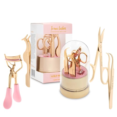 Icona Lashes 4-in-1 False Eyelash Tool Kit - DIY Lash Extension Kit with Tweezer, Curler, Scissors, Applicator - 24K Gold Plated Stainless Steel Accessories in Clear Dome Organizer, Beautiful Gift Box