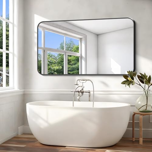 Image of Black Bathroom Mirror, 66x36 inch Aluminum Metal Frame Rectangular Vanity Mirror, Large Wall Mounted Rectangle Mirrors with Rounded Corner for Over Sink Bedroom Living Room Horizontal /Vertical