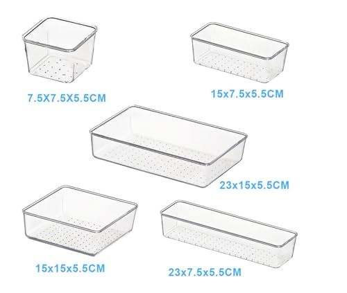 YIHAOBOX 16 Stücke Schubladen Ordnungssystem, Organizer Ordnungssystem mit 5 Schublade Größen, Antirutsch Transparent Divider Make-up Organizer für Küche Badezimmer Kosmetik (Transparent)