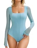 Avidlove Women's Long Sleeve Bodysuits Square Neck One Piece Body Suit Mesh Leotard Tops Double Lined Soft (Light Blue, M)