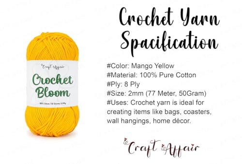 Image of Craft Affair | Crochet Bloom Cotton Yarn 8ply (2mm, 77Meter, 50Gram) 100% Pure Cotton | Knitting Yarn | for Embroidery, Craft & DIY Project: Mango Yellow