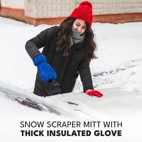 Image of EcoNour Ice Scraper Mitt for Car Windshield | Waterproof Warm Glove | Thick Fleece Lining | Windshield Scraper for Ice and Snow with Foam Grip, Scratch-Free | Detachable Cleaner for Car (Blue)