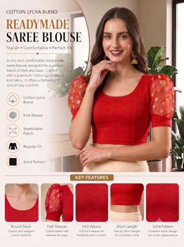 Image of SFT Women's Cotton Lycra Blend Readymade Saree Blouse with Round Neck Half Sleeves Solid Pattern Knit Weave Regular Fit and Pull On Closure