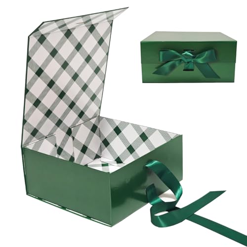 Tekhoho Caja de regalo Verde 22x22x10cm, caja premium con tapa magnética y cinta para regalo de cumpleaños, bodas y festividades, forro a cuadros.