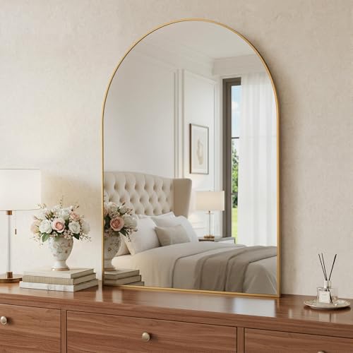 Image of Antok Arched Bathroom Mirror, 30 inchx40 inch Wall Mounted Mirror, Vanity Mirrors for Over Sink, Aluminum Alloy Frame Bathroom Mirrors Living Room, Bedroom and Entryway, Gold