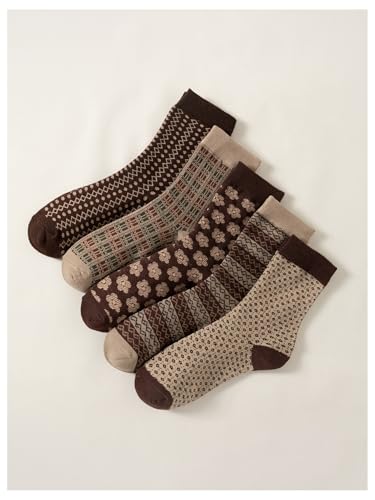 WDIRARA Women's 5 Pairs Pattern Socks Vintage Comfy Breathable Crew Socks3