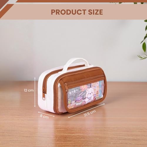 Image of Canvas School Bag Pencil Case, 3 Layer 6 Compartment Large Capacity, Aesthetic Pencil Pouch for Stationary, Cute Stationery for Kids, Pencil Case for Girls & Boys (Coffee /Cream)