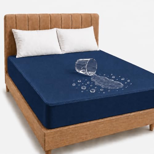 Image of Babylee 100% Waterproof Queen XL 78x60 Inch 6.5x5 Ft Fits Upto 10 Inch Mattress | Premium Terry Cotton Breathable Bed Protector | Mattress Cover for Double Bed | Dark Blue